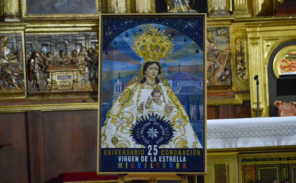 Cartel conmemorativo del 25 aniversario de la coronación canónica de la Virgen de la Estrella, obra de César Ramírez (Foto: Diario de Miguelturra).